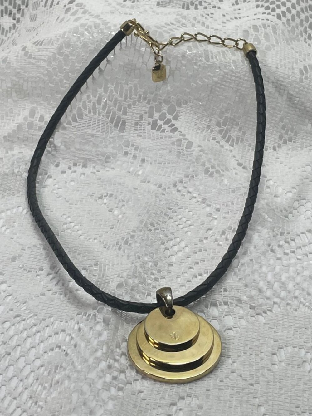 VTG Ralph Lauren Gold-Tone Pendant Necklace With Black Braided Leather Cord
